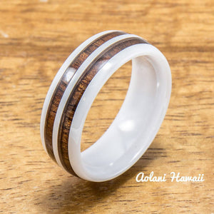 Wedding Band Set of Ceramic Rings with Hawaiian Koa Wood Inlay (6mm & 8mm width ) - Aolani Hawaii - 2