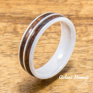 
            
                Load image into Gallery viewer, White Ceramic Rings with Double Hawaiian Koa Wood Inlay (6mm - 8mm width, Barrel style ) - Aolani Hawaii - 2
            
        