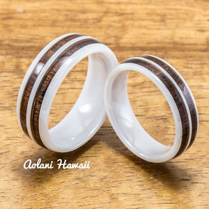 White Ceramic Rings with Double Hawaiian Koa Wood Inlay (6mm - 8mm width, Barrel style ) - Aolani Hawaii - 3