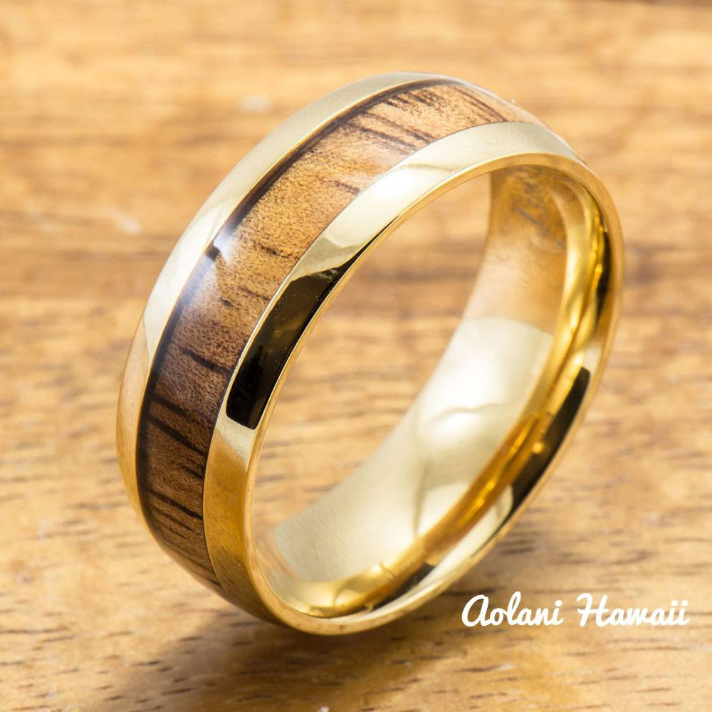 Yellow Gold Colored Stainless Steel Ring with Hawaiian Koa Wood (6mm - 8mm width, Barrel Style) - Aolani Hawaii - 1