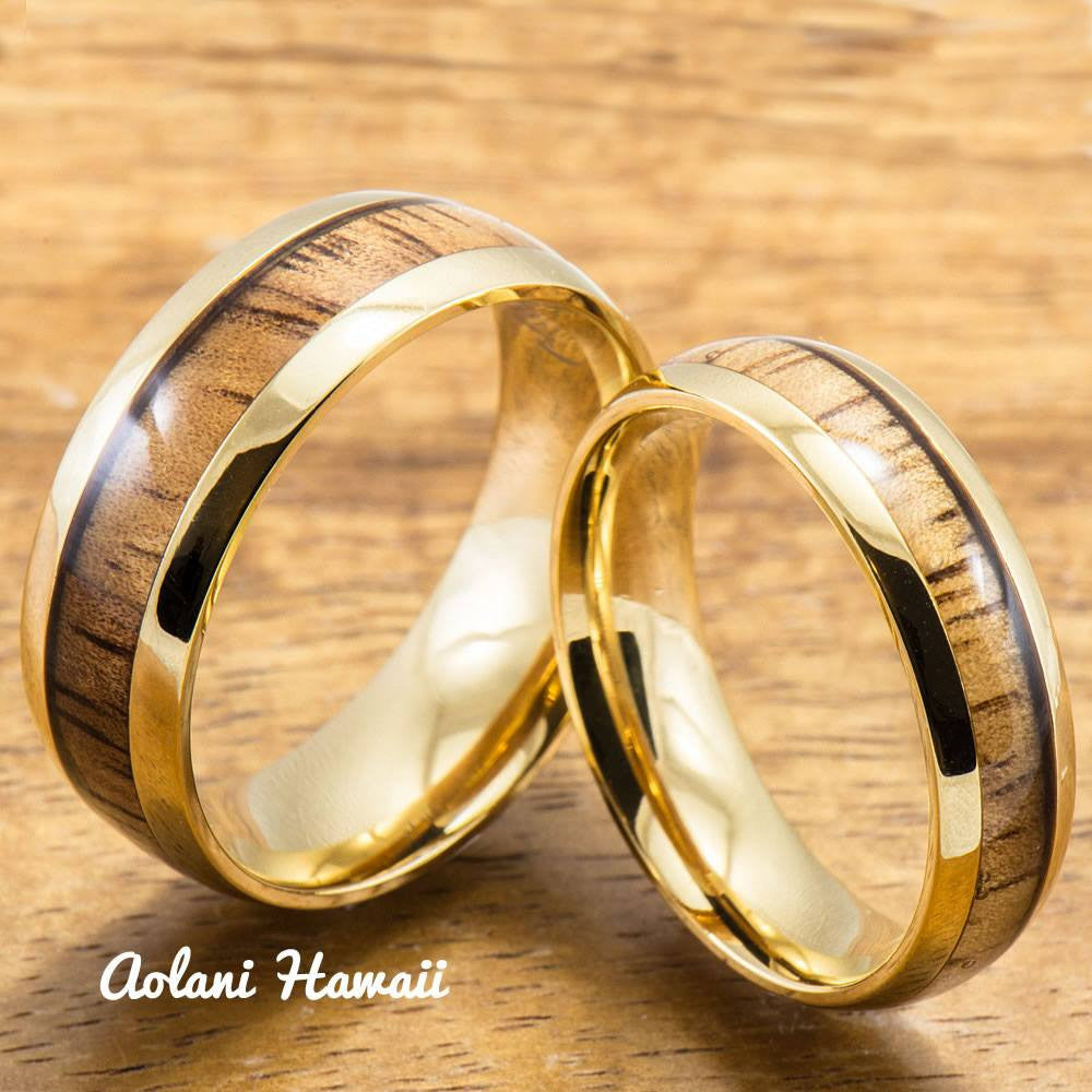 Stainless Steel Wedding Rings Set with Hawaiian Koa Wood (6mm & 8mm width, Yellow Gold Colored) - Aolani Hawaii - 1