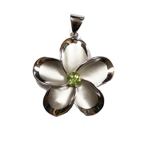Sterling Silver Plumeria Flower with Peridot Pendant (Free Stainless Chain included)
