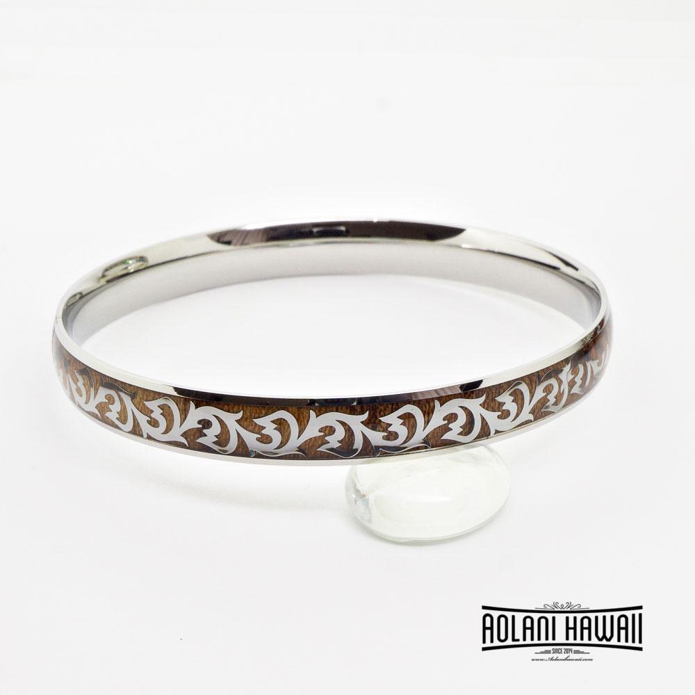 Hawaiian Scroll Koa Wood Bracelet handmade with Stainless Steel (8mm width)