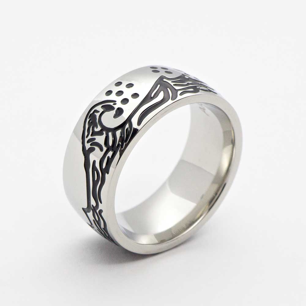 NEW - Stainless Ring engraved with Hawaiian water, mountain and whale tale (8mm width, Barrel Style)
