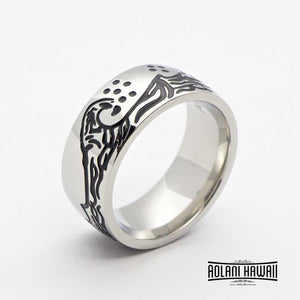 NEW - Stainless Ring engraved with Hawaiian water, mountain and whale tale (8mm width, Barrel Style)