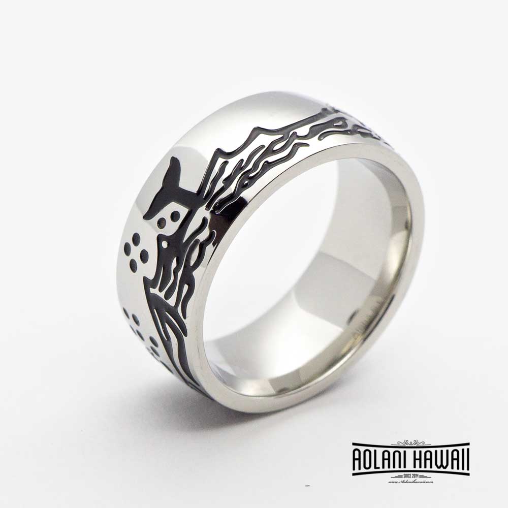 NEW - Stainless Ring engraved with Hawaiian water, mountain and whale tale (8mm width, Barrel Style)