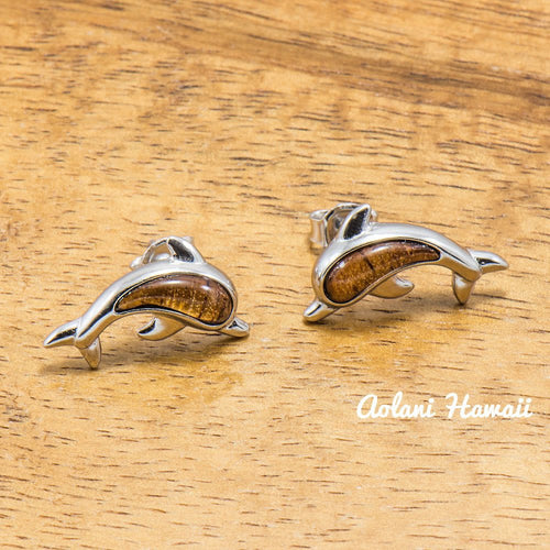 Sterling Silver Dolphin Earring Pierce with Hawaiian Koa Wood Inlay - Aolani Hawaii - 1