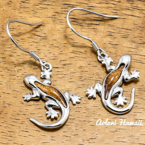 Sterling Silver Earring Pierce - Gecko with Hawaiian Koa Wood Inlay - Aolani Hawaii - 1