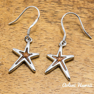 Sterling Silver Earring Pierce with Hoku Starfish and Hawaiian Koa Wood Inlay - Aolani Hawaii - 1