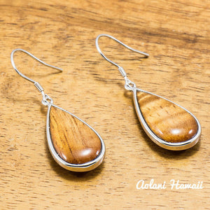 Sterling Silver Pierce Earring with Raindrop and Hawaiian Koa Wood Inlay - Aolani Hawaii - 1