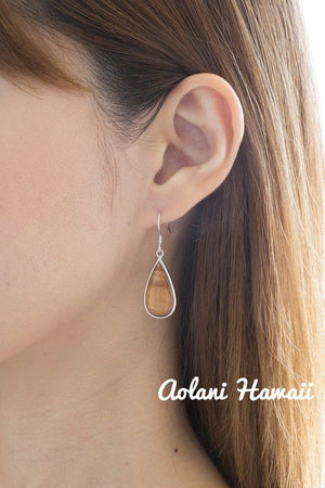 Sterling Silver Pierce Earring with Raindrop and Hawaiian Koa Wood Inlay - Aolani Hawaii - 2