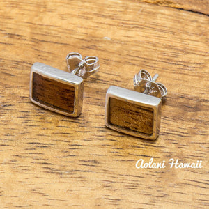 Sterling Silver Rectangle Earring Pierce with Hawaiian Koa Wood Inlay - Aolani Hawaii - 1