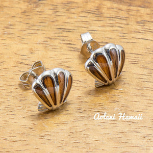Sterling Silver Sea Shell Earring Pierce with Hawaiian Koa Wood Inlay - Aolani Hawaii - 1