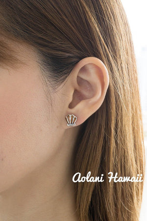 Sterling Silver Sea Shell Earring Pierce with Hawaiian Koa Wood Inlay - Aolani Hawaii - 2
