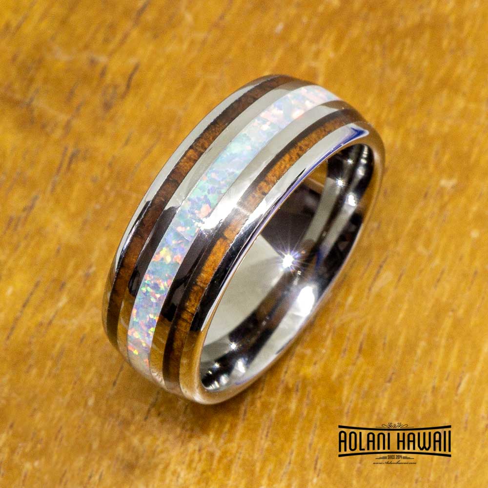 White Opal Tungsten Ring With Koa Wood Inlay (8mm Width, Barrel style)