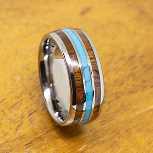 Tungsten Ring Turquoise & Koa Wood Inlay (8mm width, Dome style)