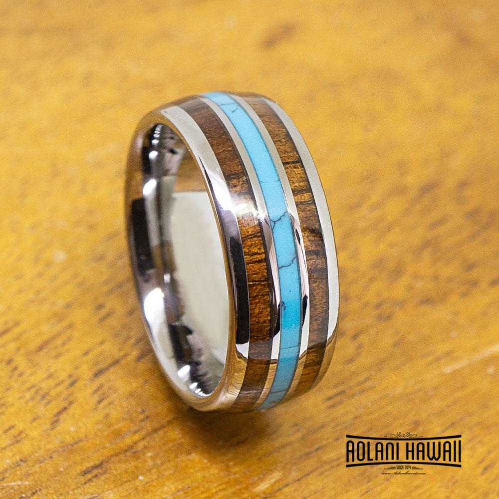 
            
                Load image into Gallery viewer, Tungsten Ring Turquoise &amp;amp; Koa Wood Inlay (8mm width, Dome style)
            
        