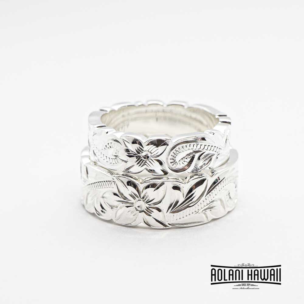 Set of Traditional Hawaiian Hand Engraved Sterling Silver Ring (6mm & 8mm width, Flat Style)