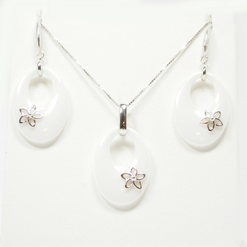 NEW - Sterling Silver White Ceramic Flower Earring + Pendant