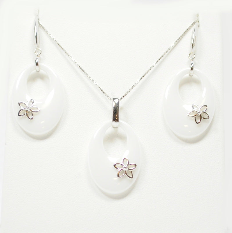 NEW - Sterling Silver White Ceramic Flower Earring + Pendant