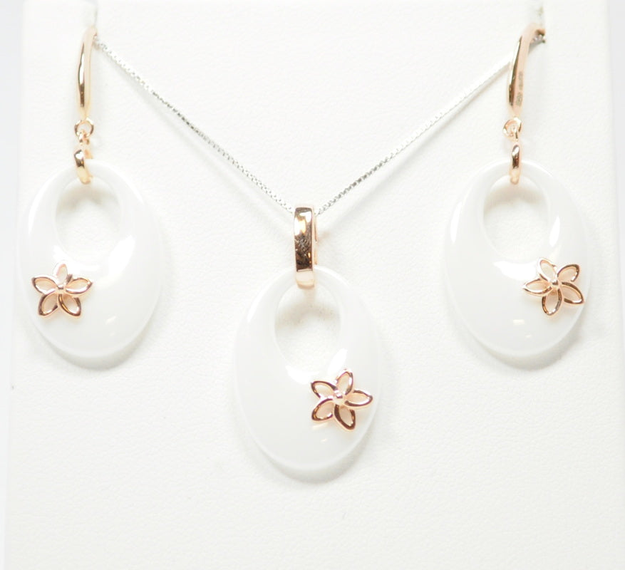 NEW - Sterling Silver White Ceramic Flower Earring + Pendant